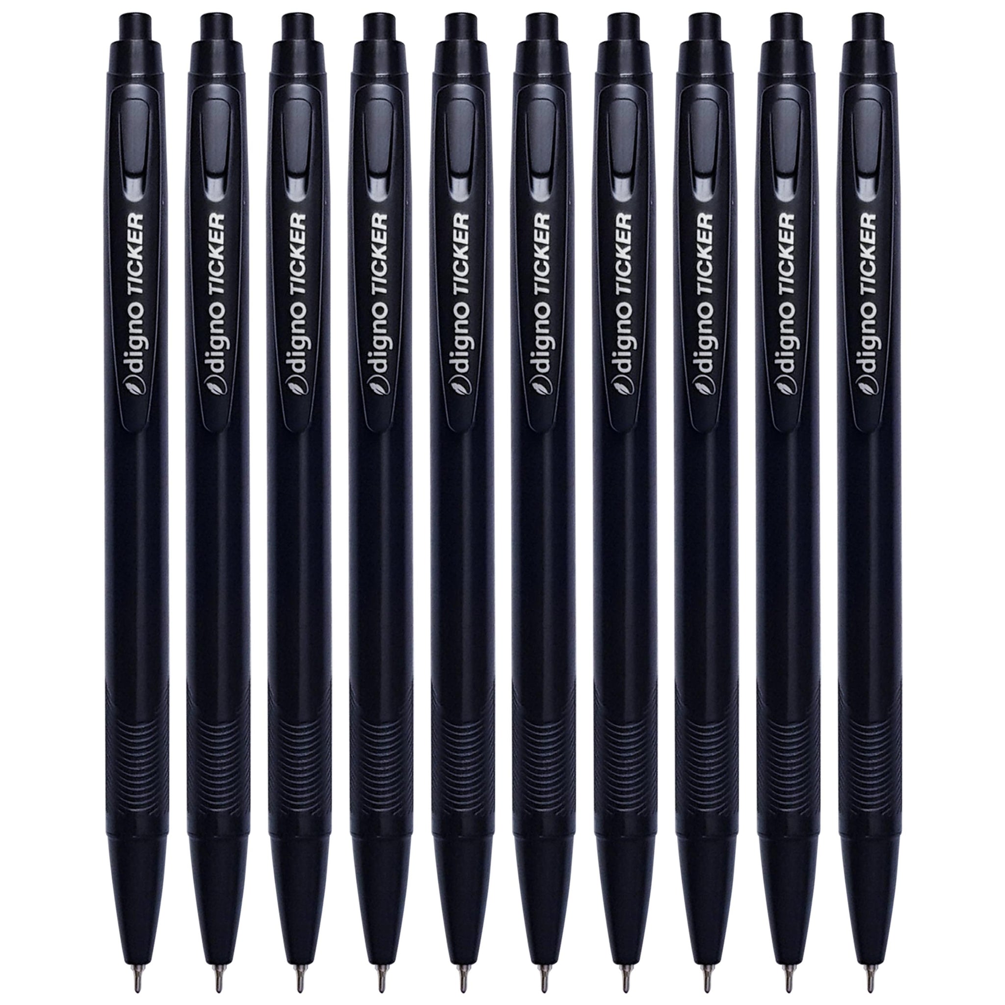 Digno Ticker Retractable Ballpoint Pens, BLACK, 0.7mm Fine Point, Pack of 10