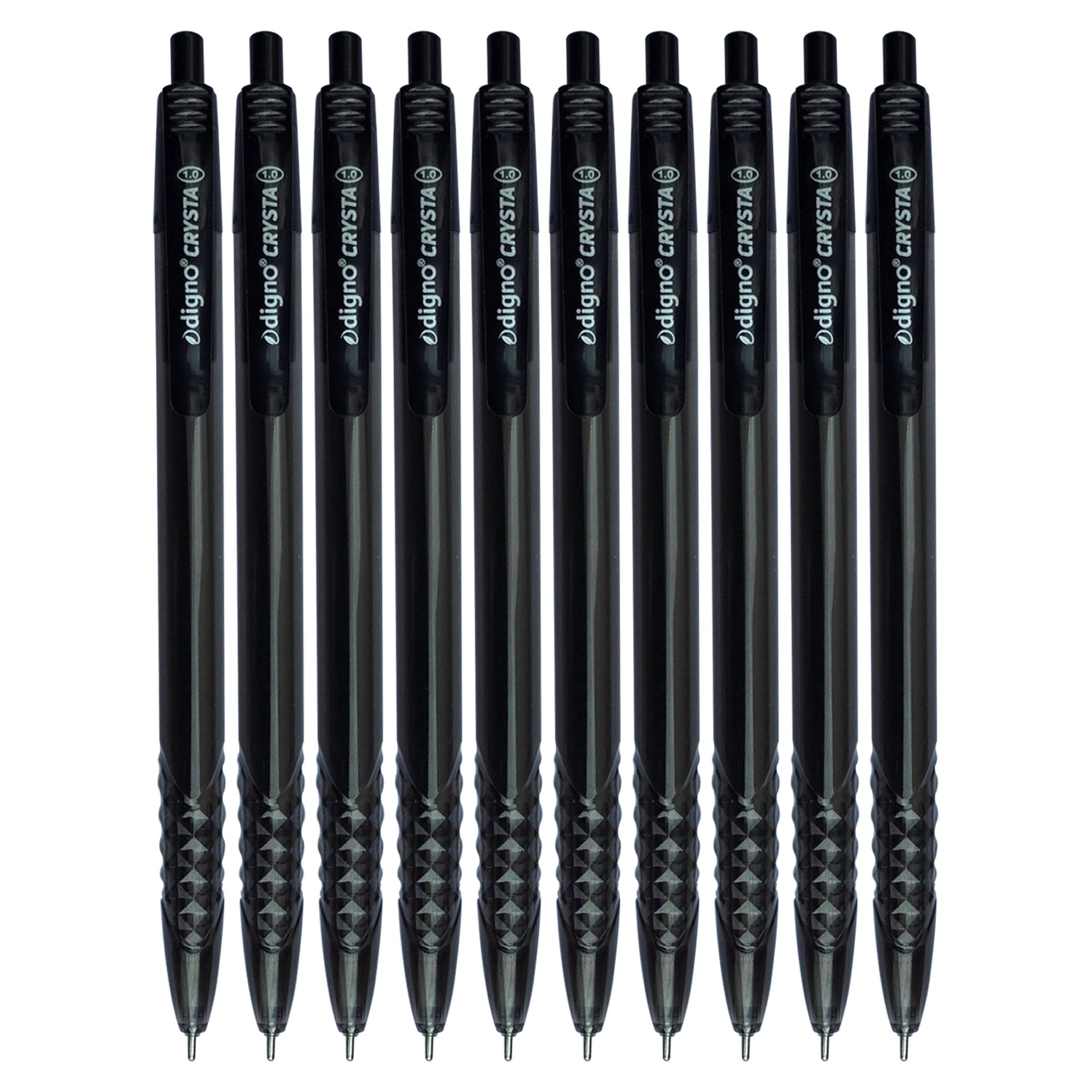 Digno Crysta Retractable Click Ballpoint Pens, BLACK, 1.0mm Medium Point, Pack of 10