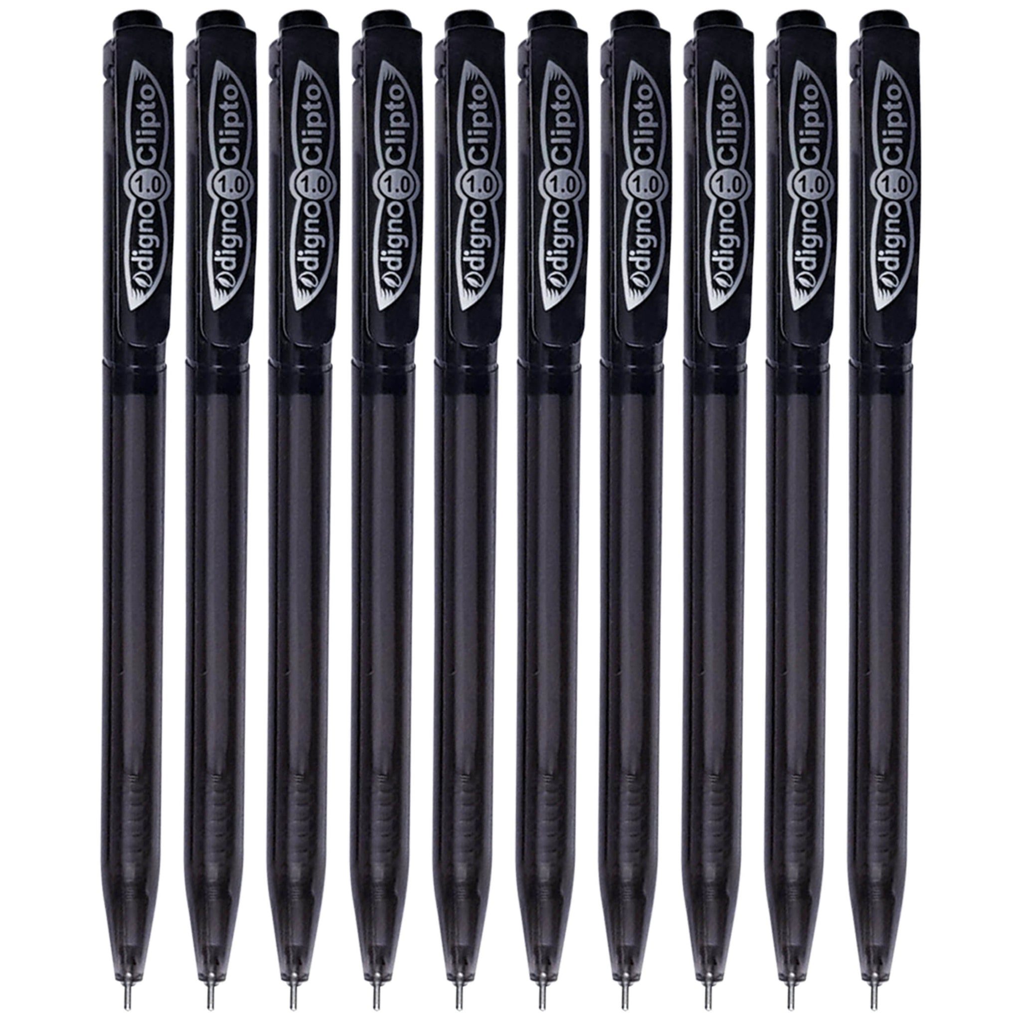 Digno Clipto Retractable Ballpoint Pens, BLACK, 1.0mm Medium Point, Pack of 10