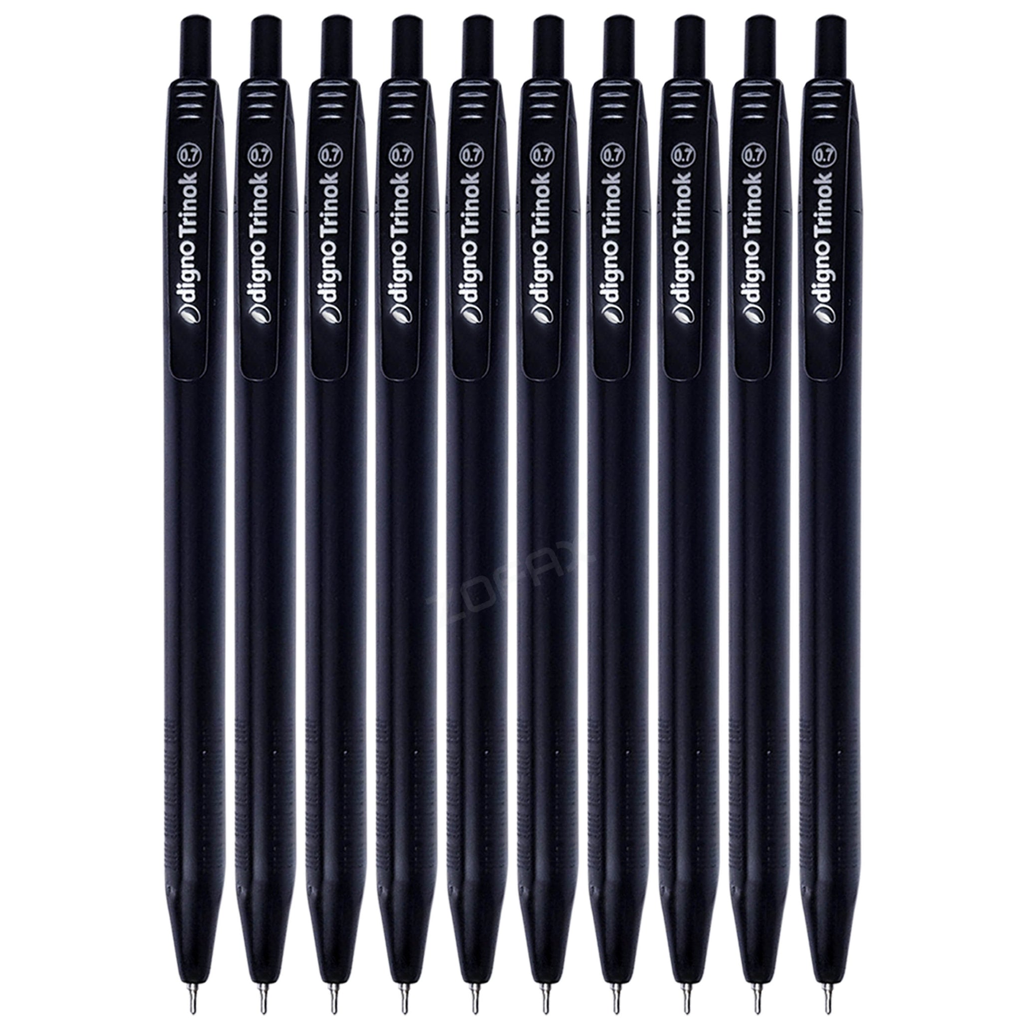 Digno Trinok Retractable Ballpoint Pens, BLACK, 0.7mm Fine Point, Pack of 10